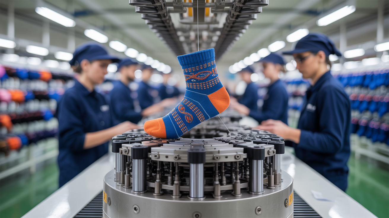 Collection of premium athletic performance socks being manufactured in Portugal, showing specialized knitting machines in operation