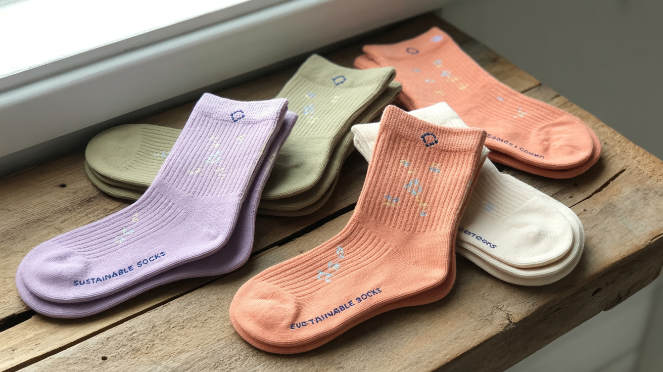 Collection of premium sustainable casual socks in various colors and patterns, showcasing eco-friendly materials and custom designs
