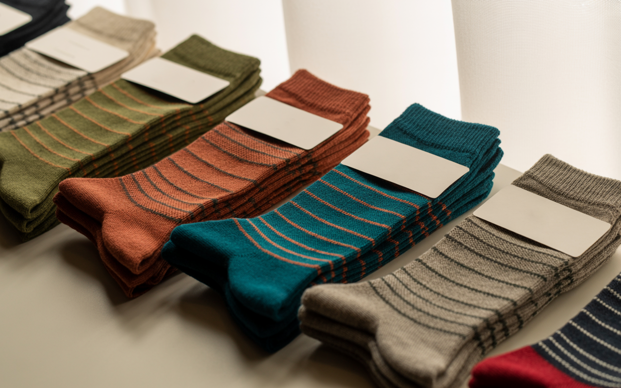 A collection of premium athletic and casual socks in various colors and patterns, manufactured in Portugal with sustainable materials, showcasing exceptional knitting quality and attention to detail.