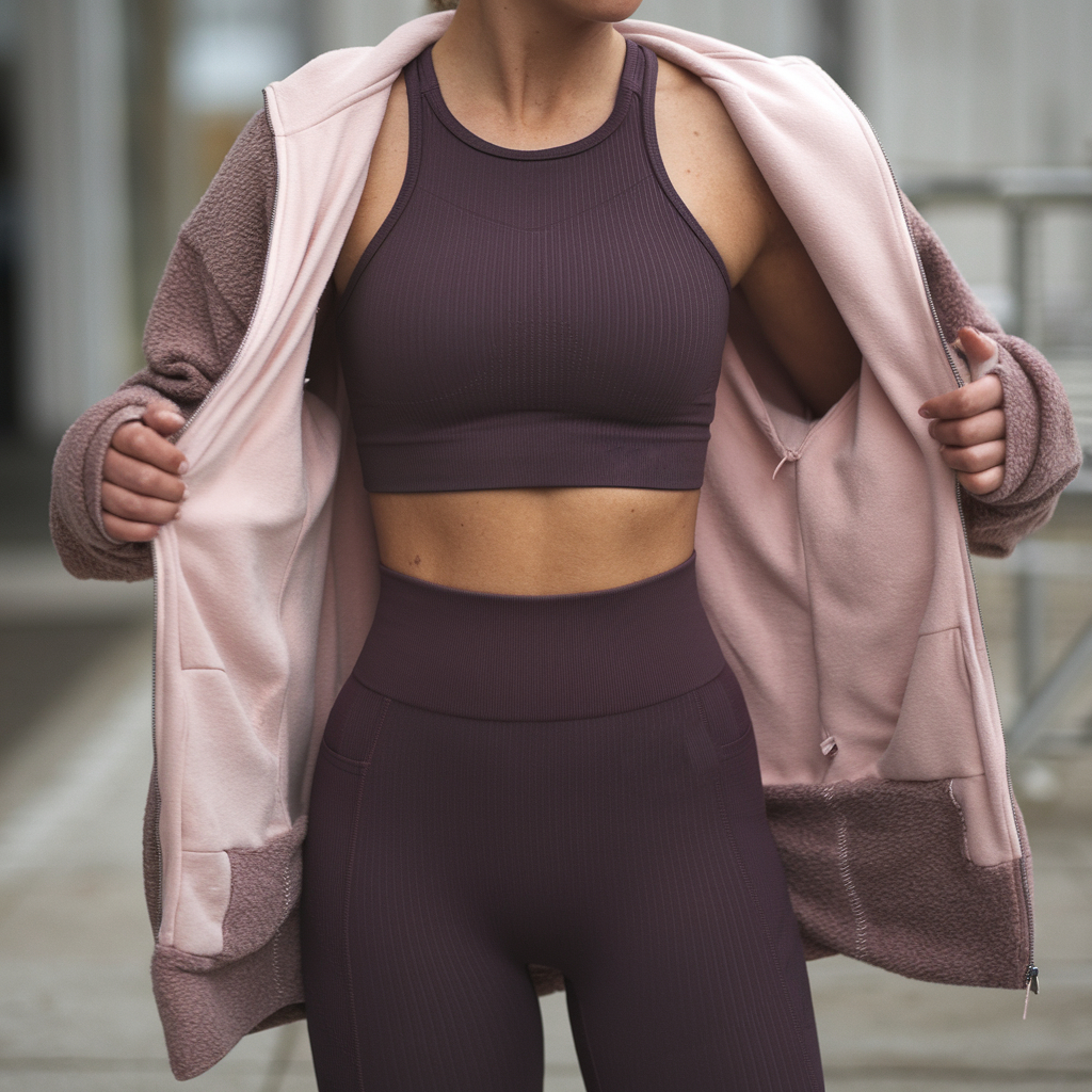 Eine Frau in hoch taillierten, nahtlosen grauen Leggings und wei&szlig;en Sportschuhen dehnt ihren Oberschenkel im Freien. Dieses Bild pr&auml;sentiert die Qualit&auml;t und Passform von Sportbekleidung, die von einem f&uuml;hrenden Hersteller entwickelt wurde und den Fokus auf Leistung, Komfort und Stil legt.
