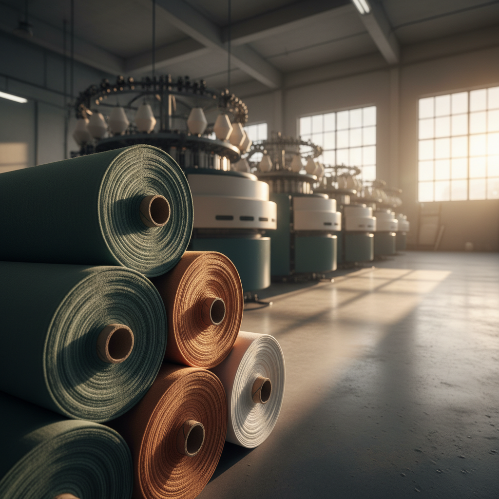 Sustainable jersey manufacturing facility showing rolls of organic cotton fabric