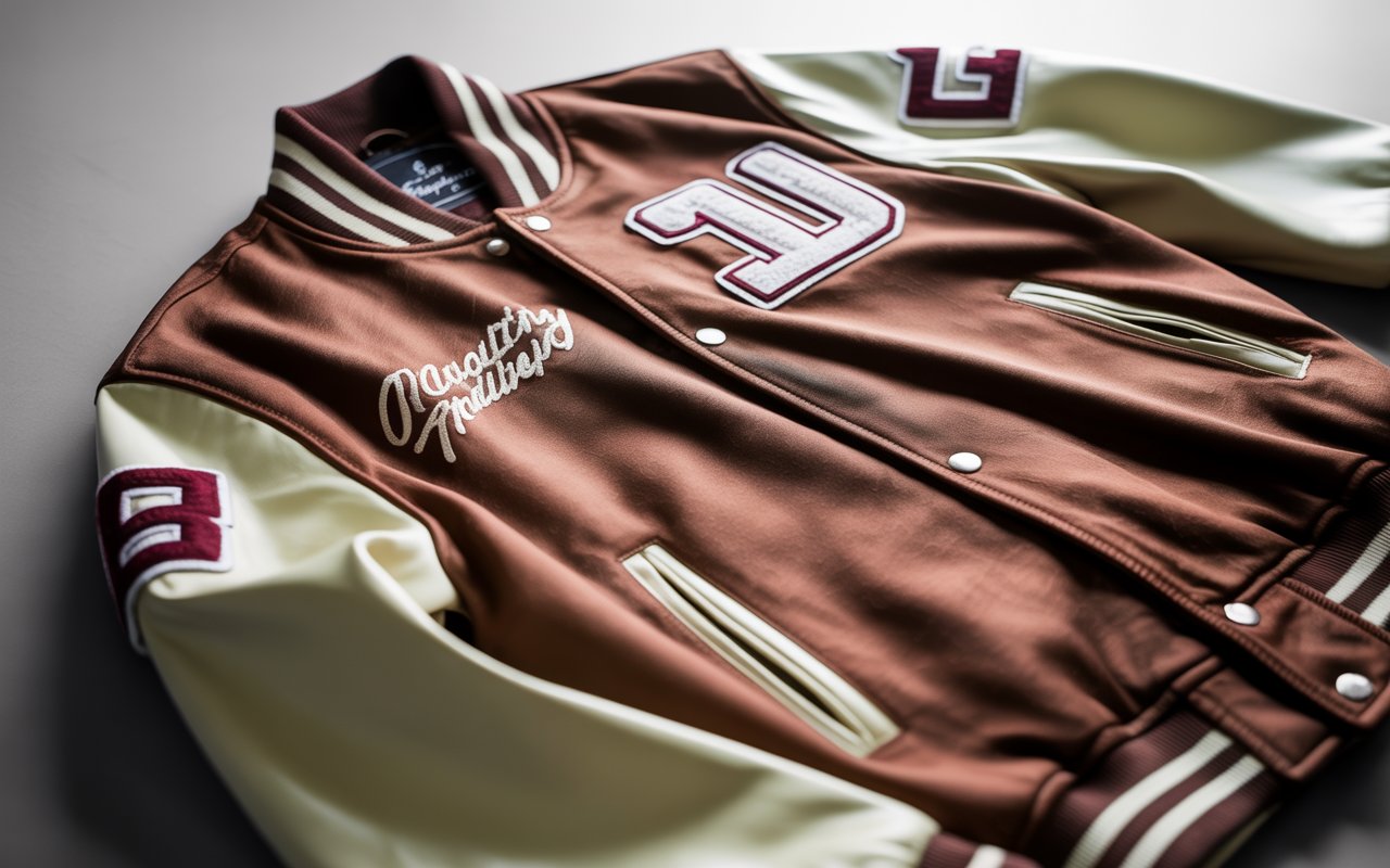 A premium varsity jacket laid flat on a studio table, captured in a clean, high-resolution close-up. The jacket's rich textures, embroidery, and detailed patches are clearly visible. Neutral background, soft studio lighting highlighting the craftsmanship and fabric. Focus on a stylish, high-end product photography aesthetic with no model present.
