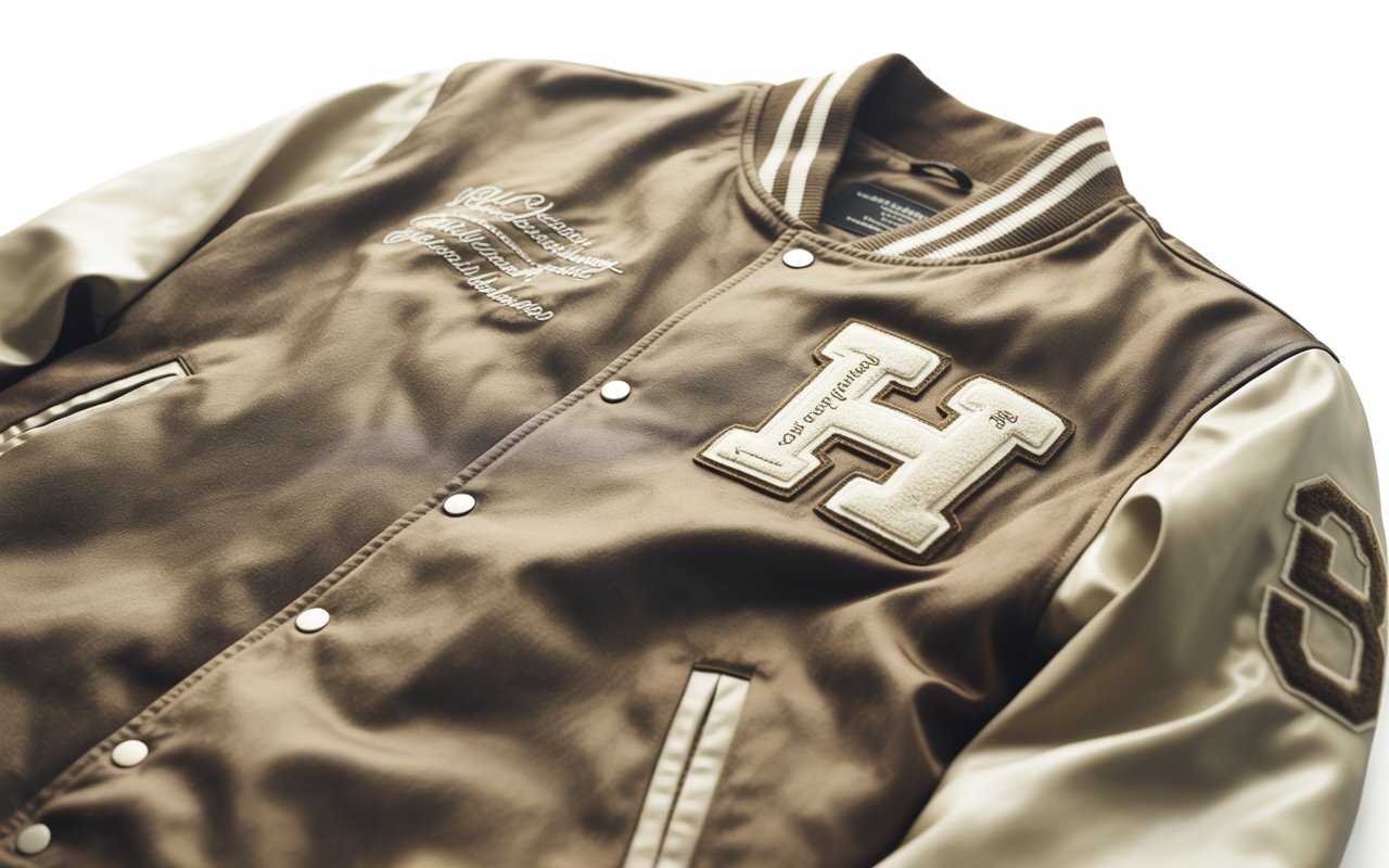 A premium varsity jacket laid flat on a studio table, captured in a clean, high-resolution close-up. The jacket's rich textures, embroidery, and detailed patches are clearly visible. Neutral background, soft studio lighting highlighting the craftsmanship and fabric. Focus on a stylish, high-end product photography aesthetic with no model present.