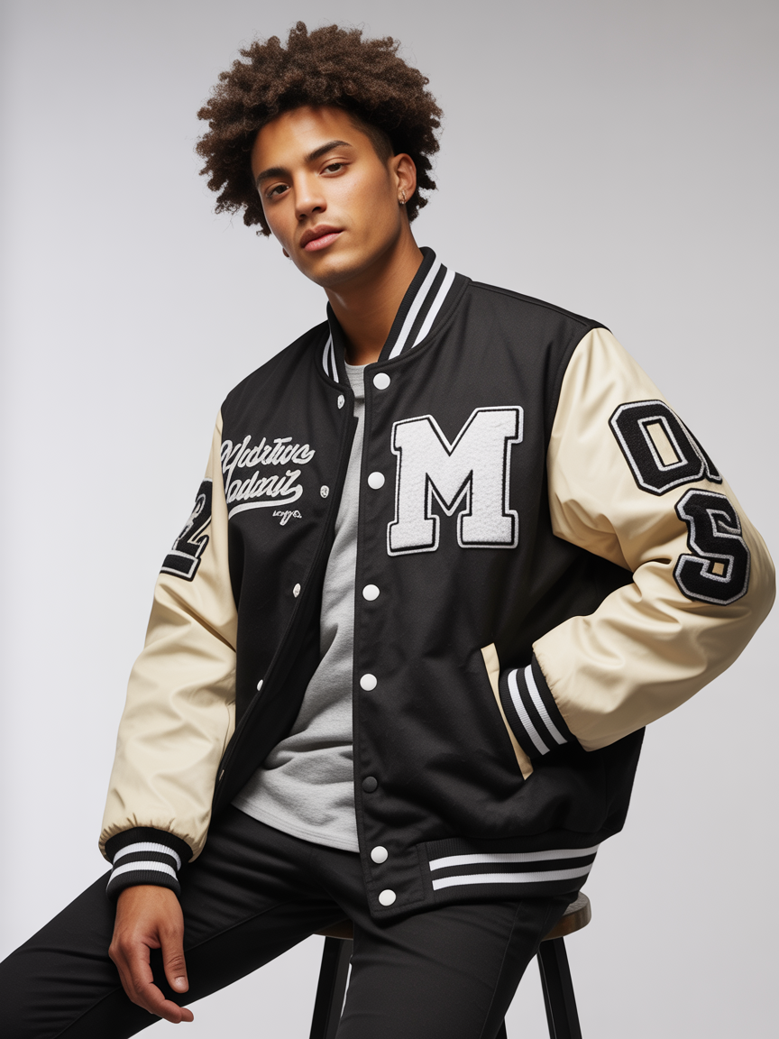 A modeling high-quality varsity jackets for a premium streetwear and athletic fashion brand. The jackets are the centerpiece — bold, stylish, and crafted with attention to detail. Your expressions and poses should reflect confidence, youth culture, and a mix of urban cool and classic varsity spirit. Think collegiate pride meets street-style swagger.