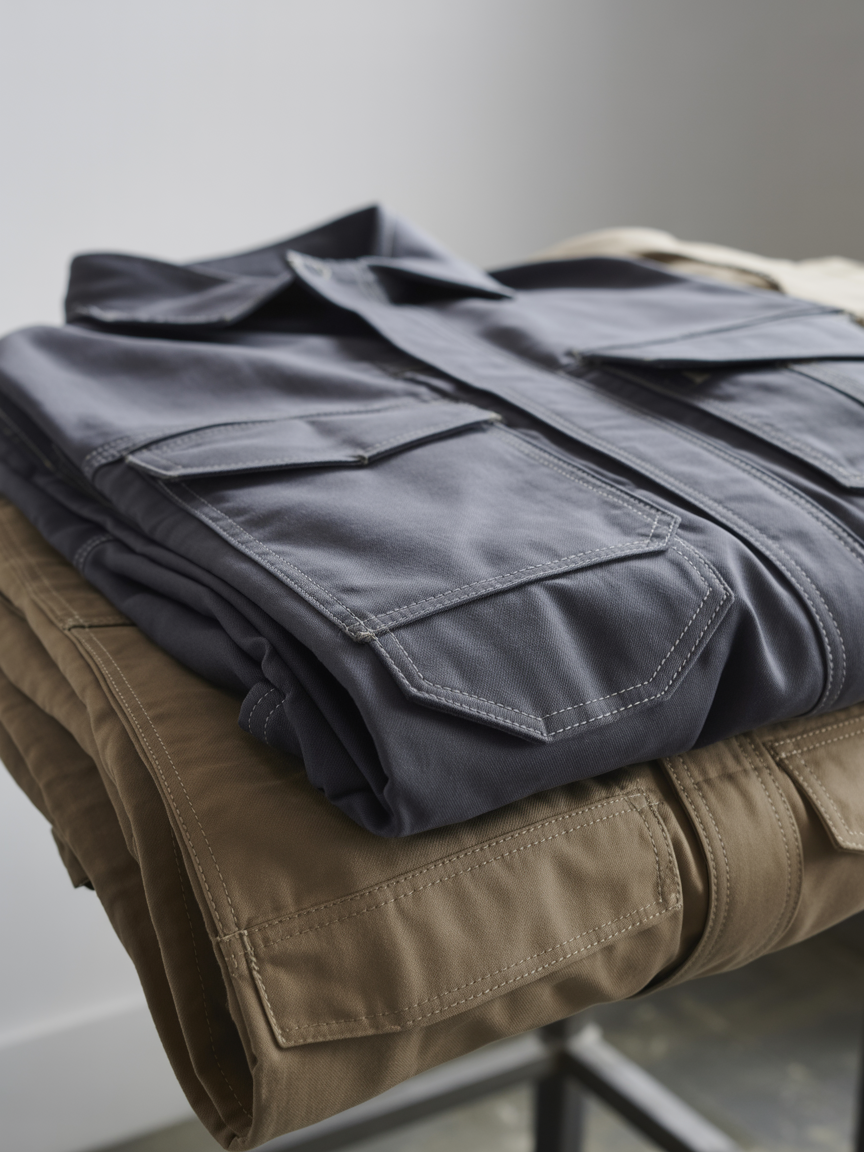 A professional model posing in a professional photo studio, wearing high-quality, well-fitted workwear made of durable, professional fabric. The workwear is expertly designed and tailored, with clean lines and functional details. The model stands confidently under soft studio lighting against a neutral background (white or gray). High-fashion editorial style, high-resolution, clean and polished look.