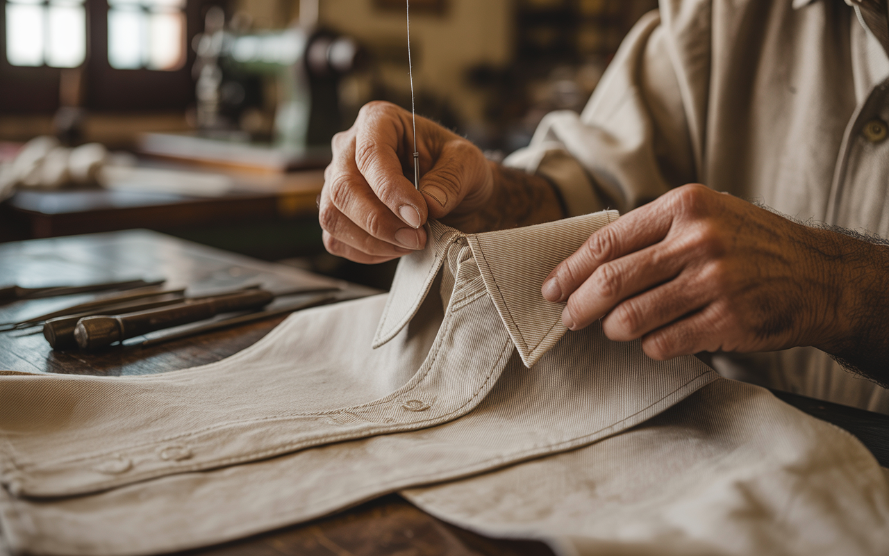 Close-up of a premium cotton shirt collar being constructed by skilled artisans at a Portuguese textile factory, showcasing precision stitching and attention to detail