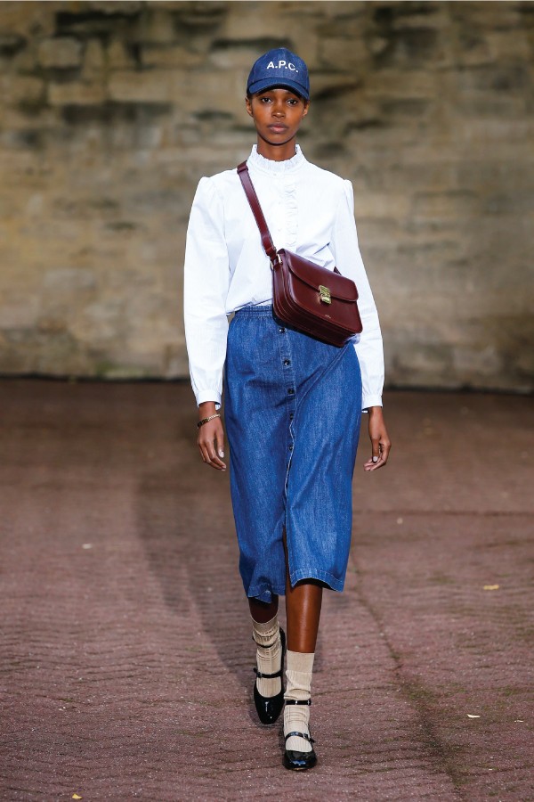 Most Popular Skirt Trend of 2020, the midi denim skirt. Midi denim skirt in the runway, from A.P.C.