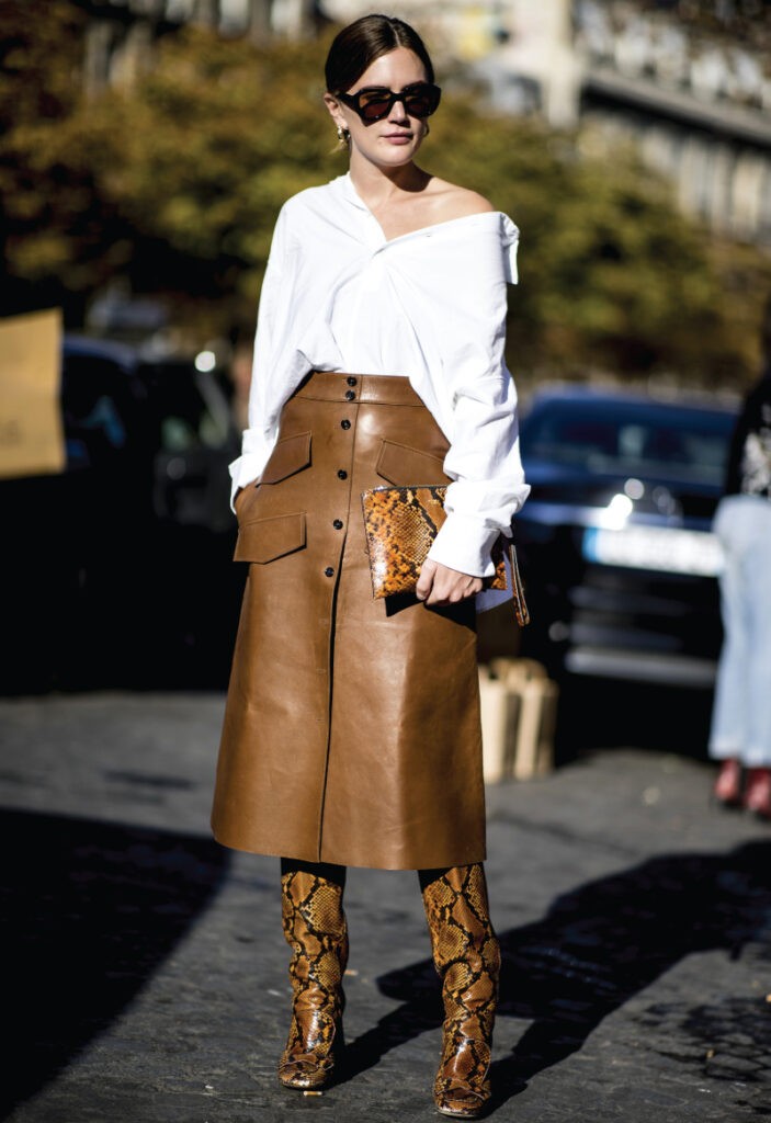 Fall Skirt Trends You Will Want To Wear Everyday: brown leather skirt with leopard print high knee boots.