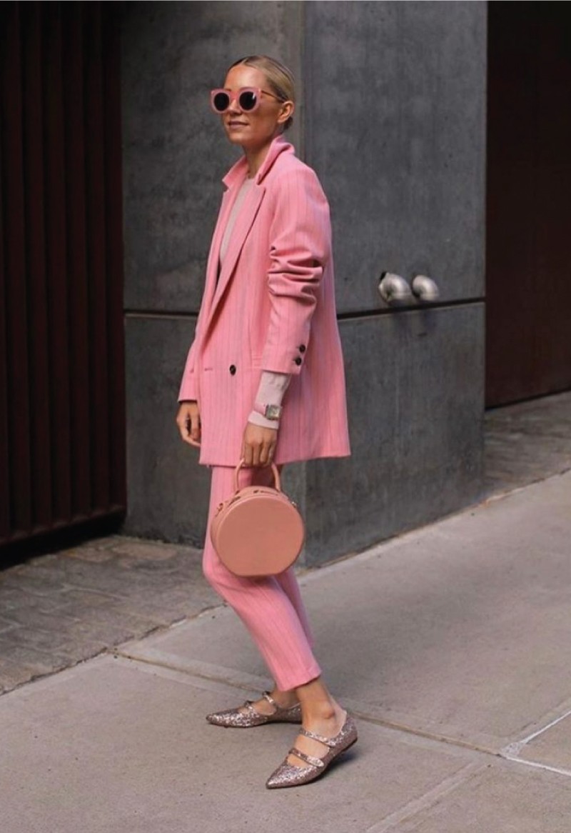 The Fall Trends You Will Want To Show Off On Instagram. A romantic pink suit with pink bedazzled mules.
