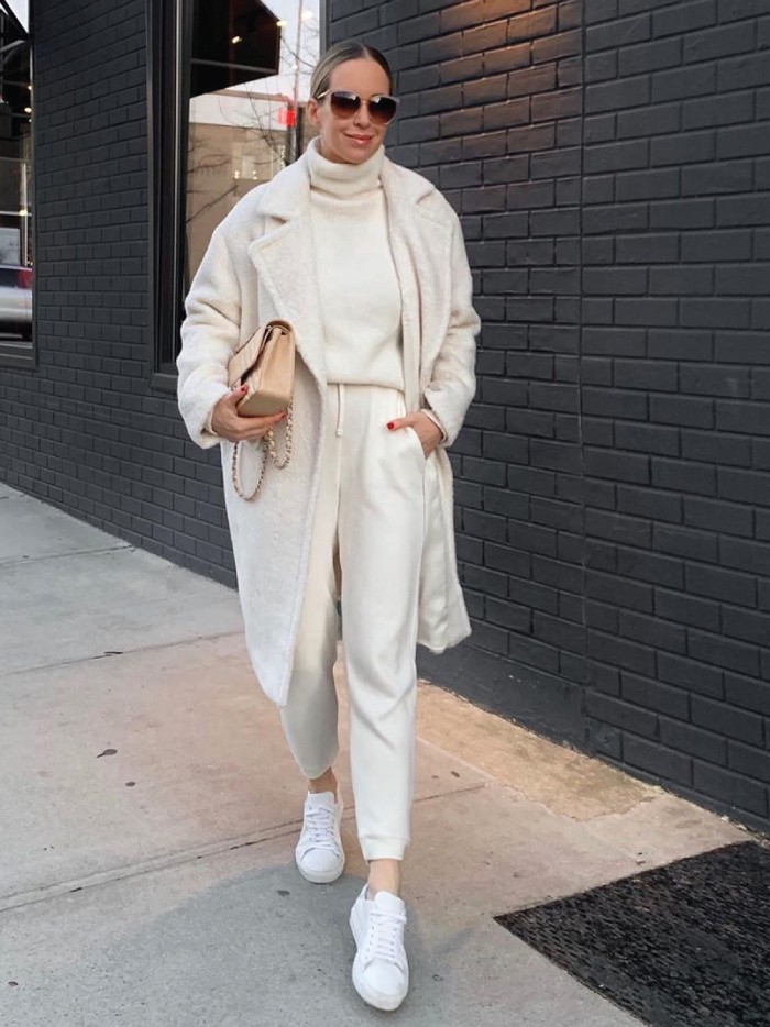 The 2021 Fashion Trends You Need To Watch Out For. Elevated loungewear: beige sweatsuit and beige coat.