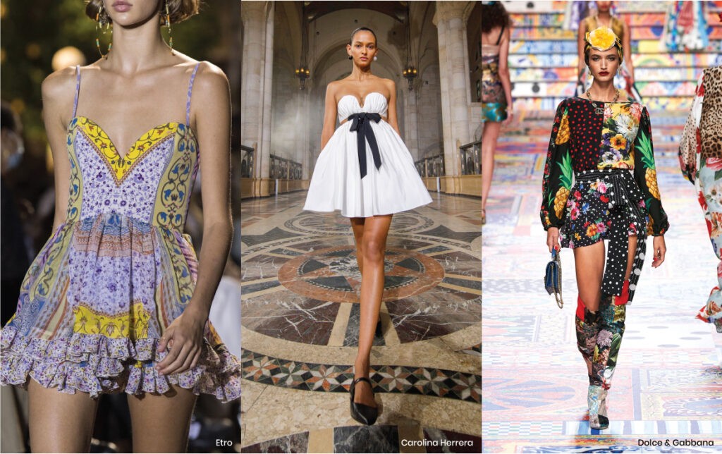 Fashion Trends Seen On Spring 2021 Runways. Rising Hemlines: looks from Etro, Carolina Herrera and Dolce & Gabbana.