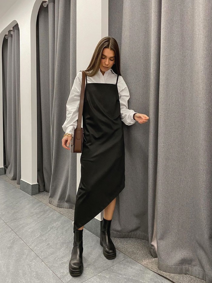 Dress Trends That French Women Are Bringing Back. Slip dress in black with white shirt.