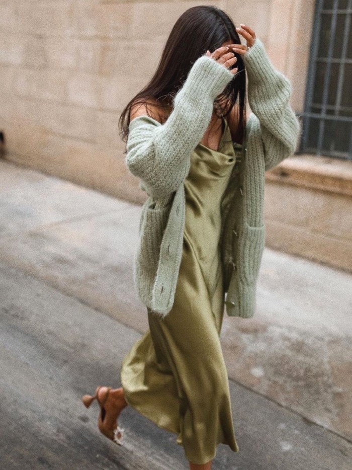Dress Trends That French Women Are Bringing Back. Slip dress in green.