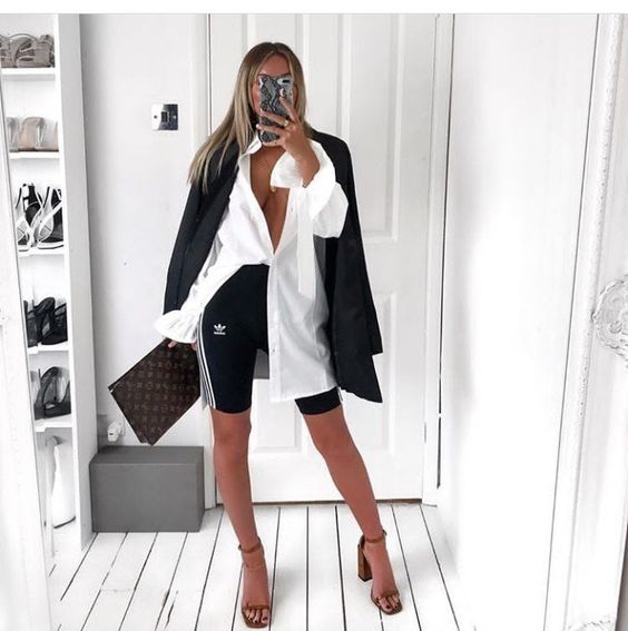 night out outfit blazer and cycling shorts
