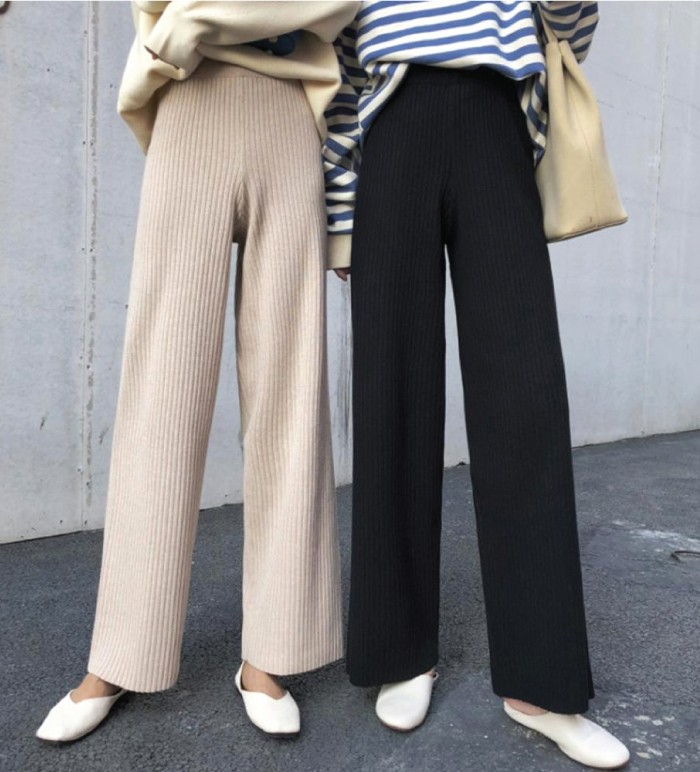 The Best Jeans Alternatives For When You Are Tired Of Wearing Denim. Beige rib-knit trousers and black rib-knit trousers.