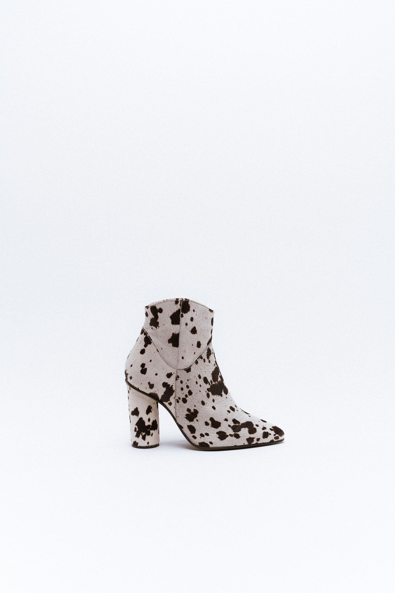Cow patterned high heeled ankle boot, product specifications.