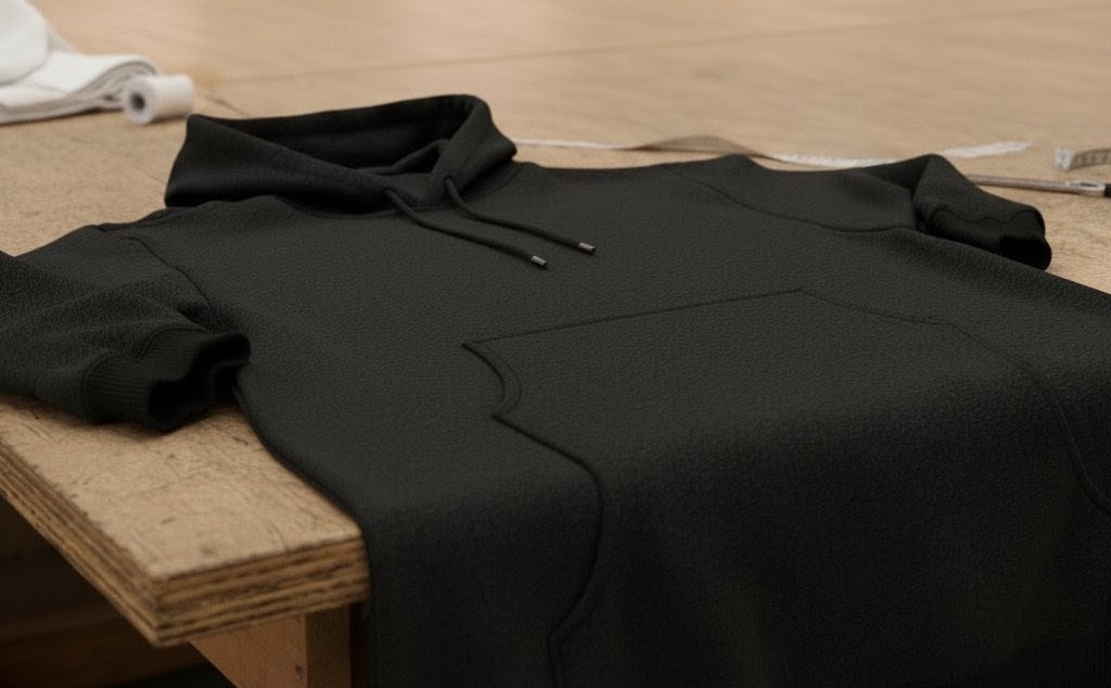 A close-up shot of a black hoodie with a subtle satin-like texture, lying folded on a wooden table in a blurred textile factory setting.